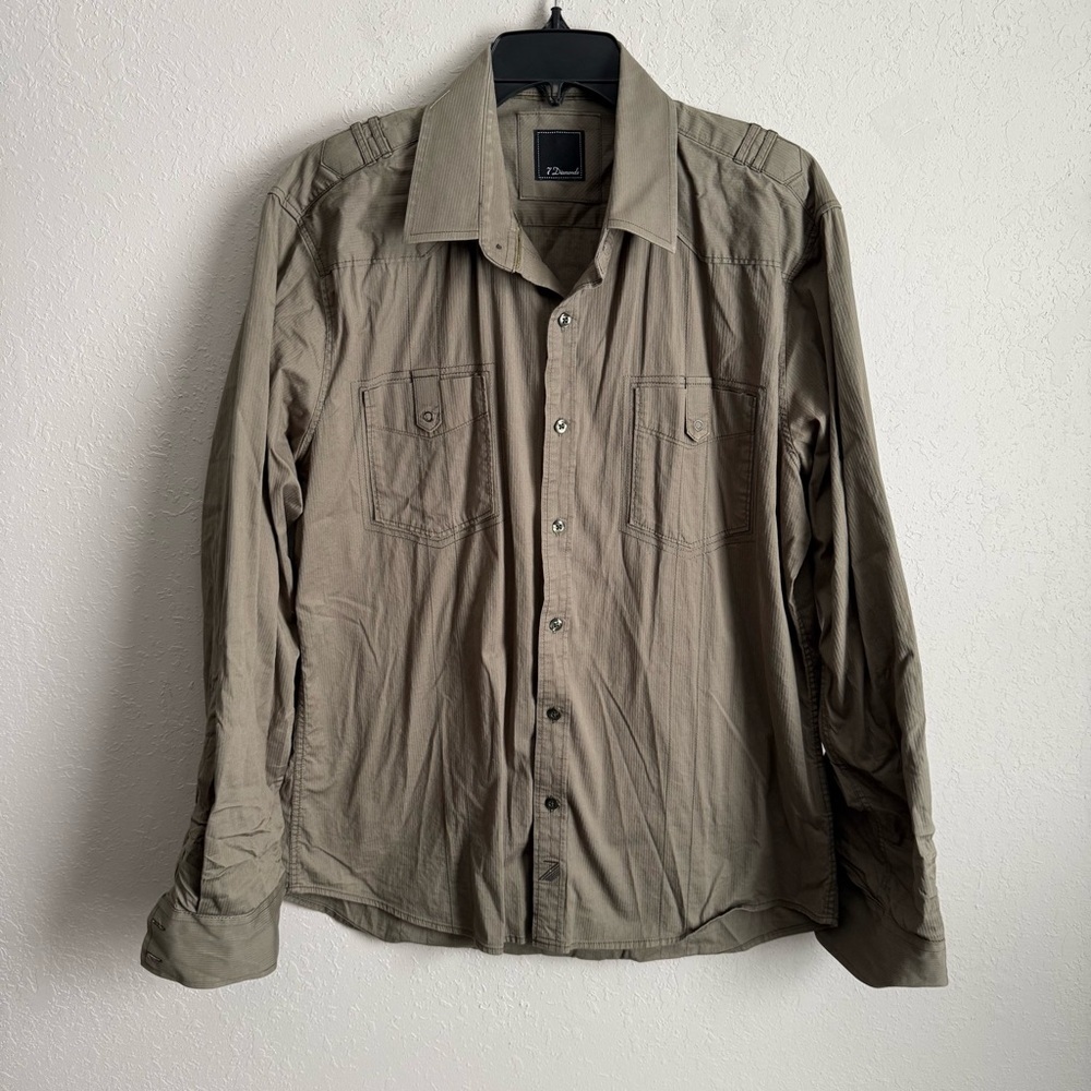Men’s XL 7 Diamonds Casual Biker Military Casual Long Sleeve Button Up Shirt